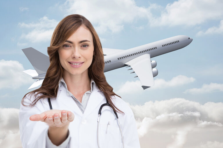 Composite image of portrait of female nurse holding out open palm