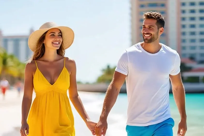 Una pareja joven camina por la hermosa playa de Cancun