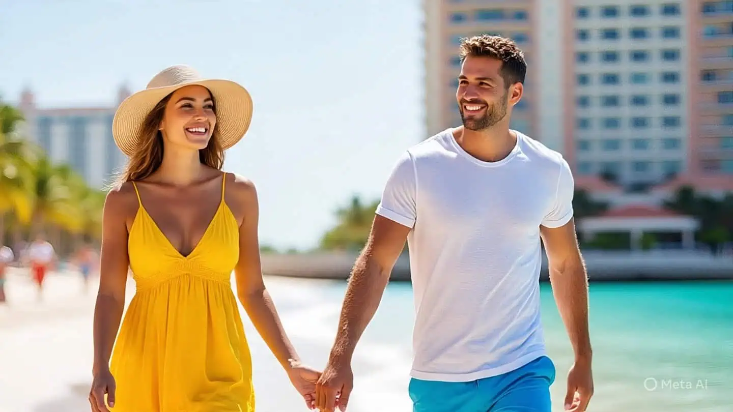 Una pareja joven camina por la hermosa playa de Cancun