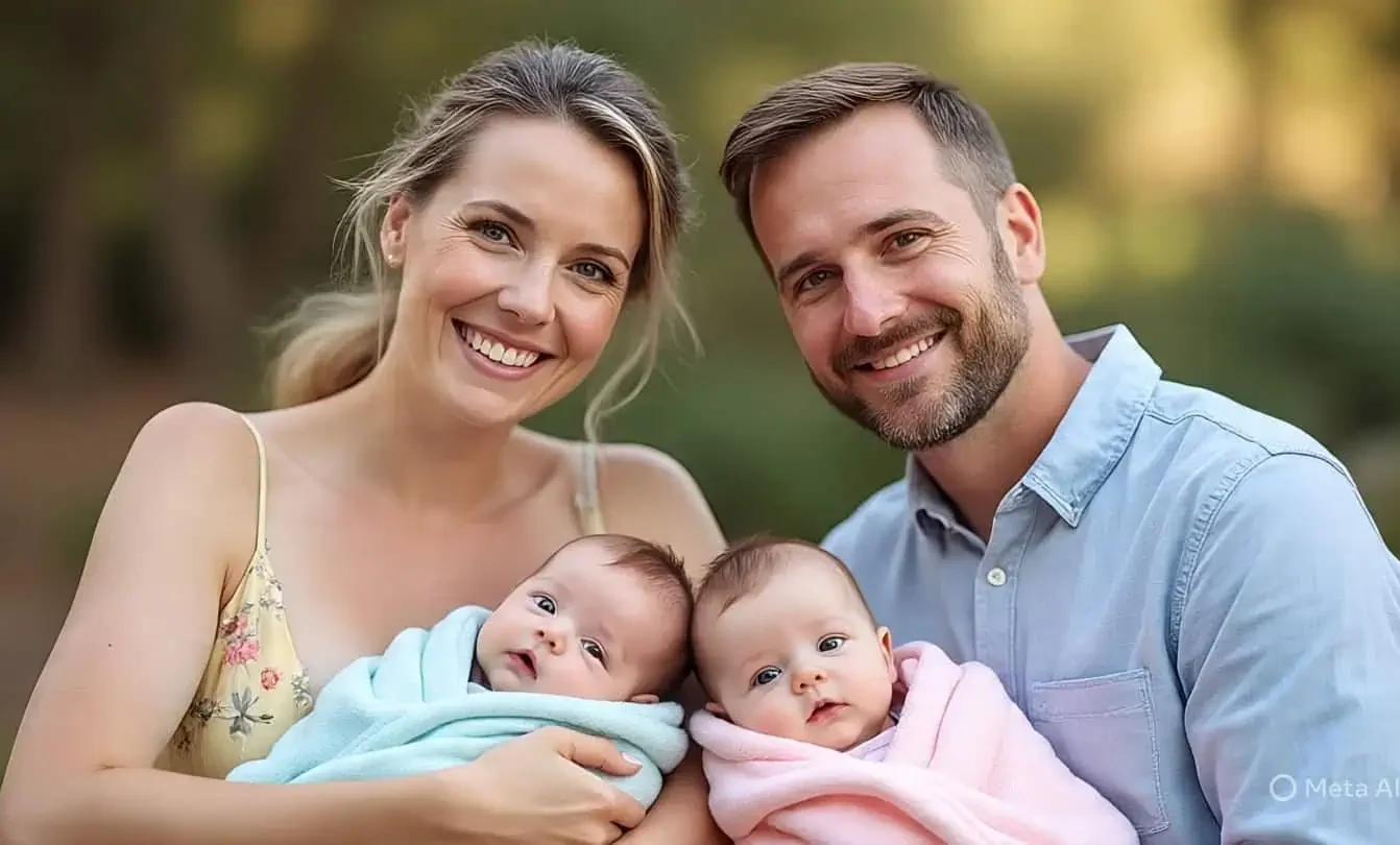 Un matrimonio muestra feliz a su pareja de gemelos.