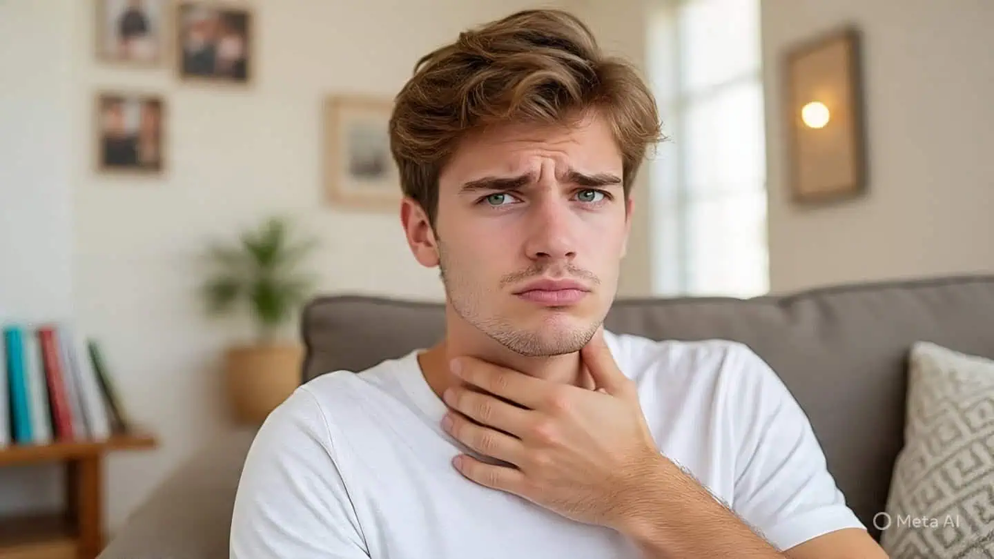 Hombre joven con mano en la garganta y expresion de dolor