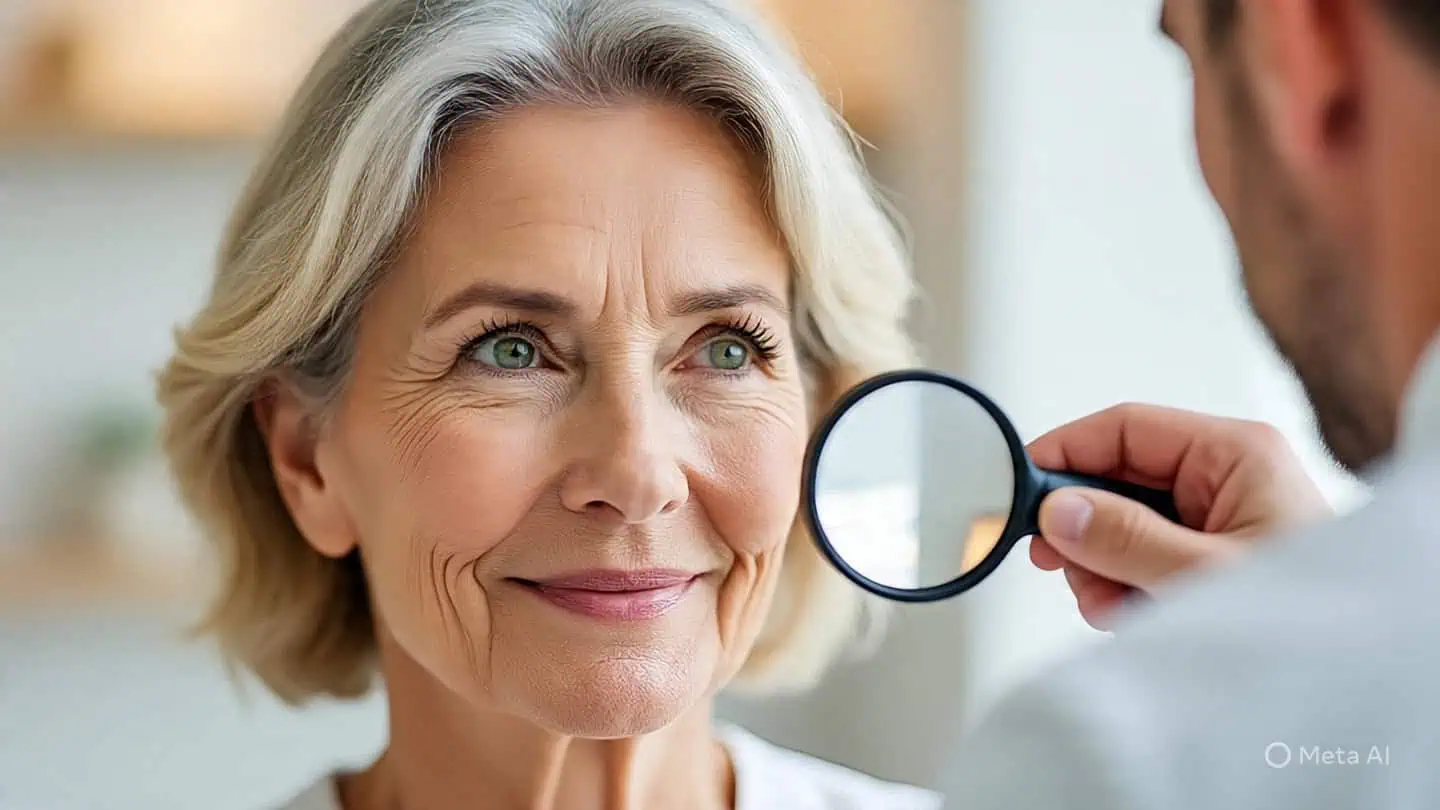 Medico especialista de Dermatologia examina a una paciente.