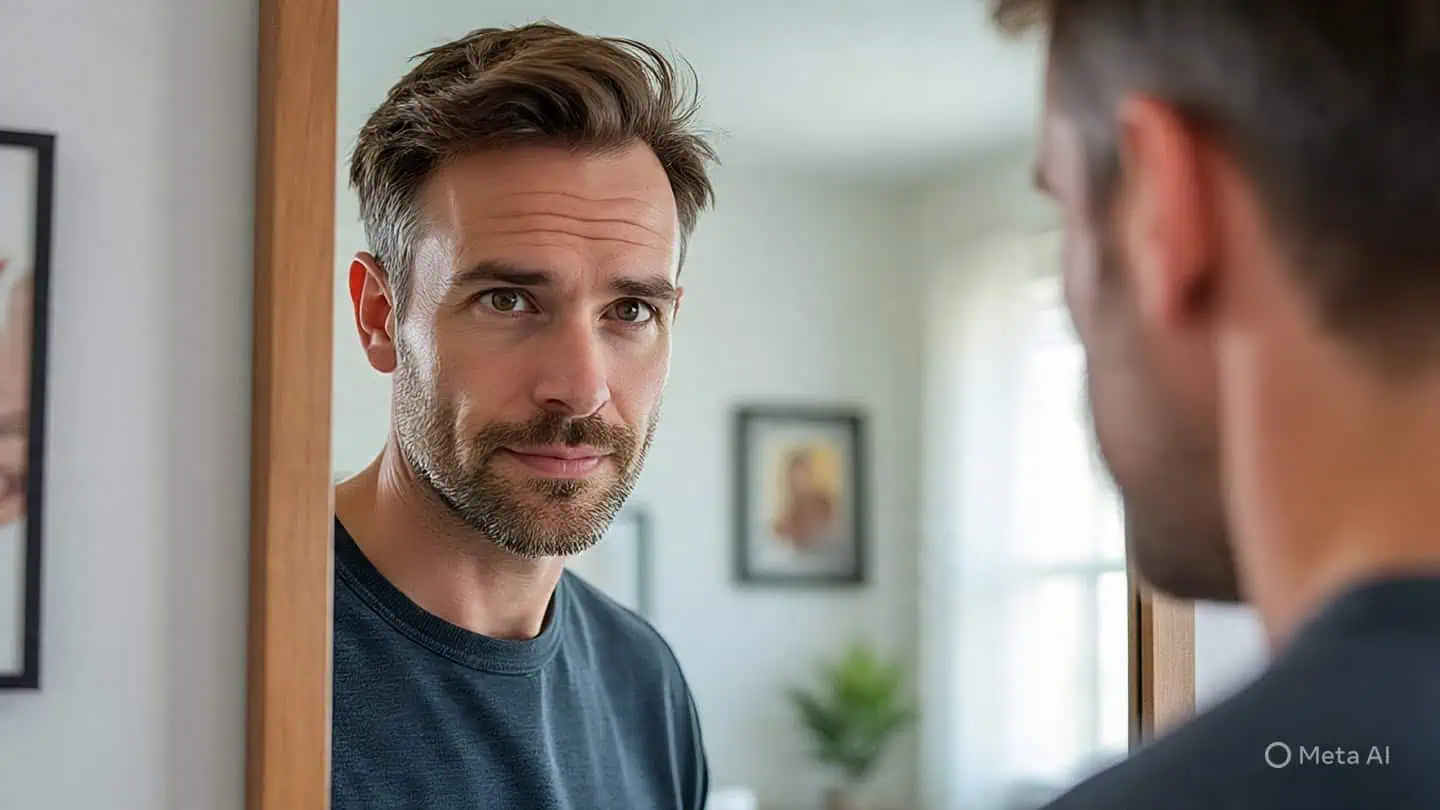 Hombre de 40 mira en el espejo su abundante cabellera.