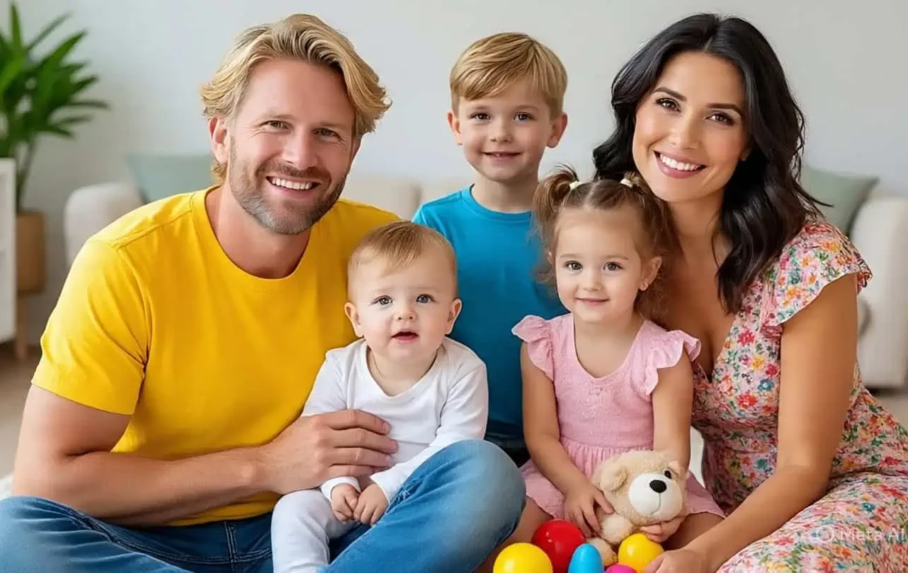 Un matrimonio con tres hijos sonrien con expresión de felicidad.