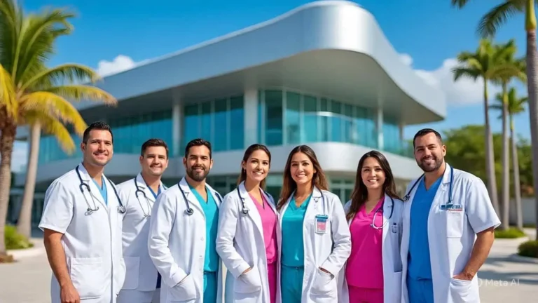 Un equipo médico en el exterior de una institución médica de alta tecnologia.