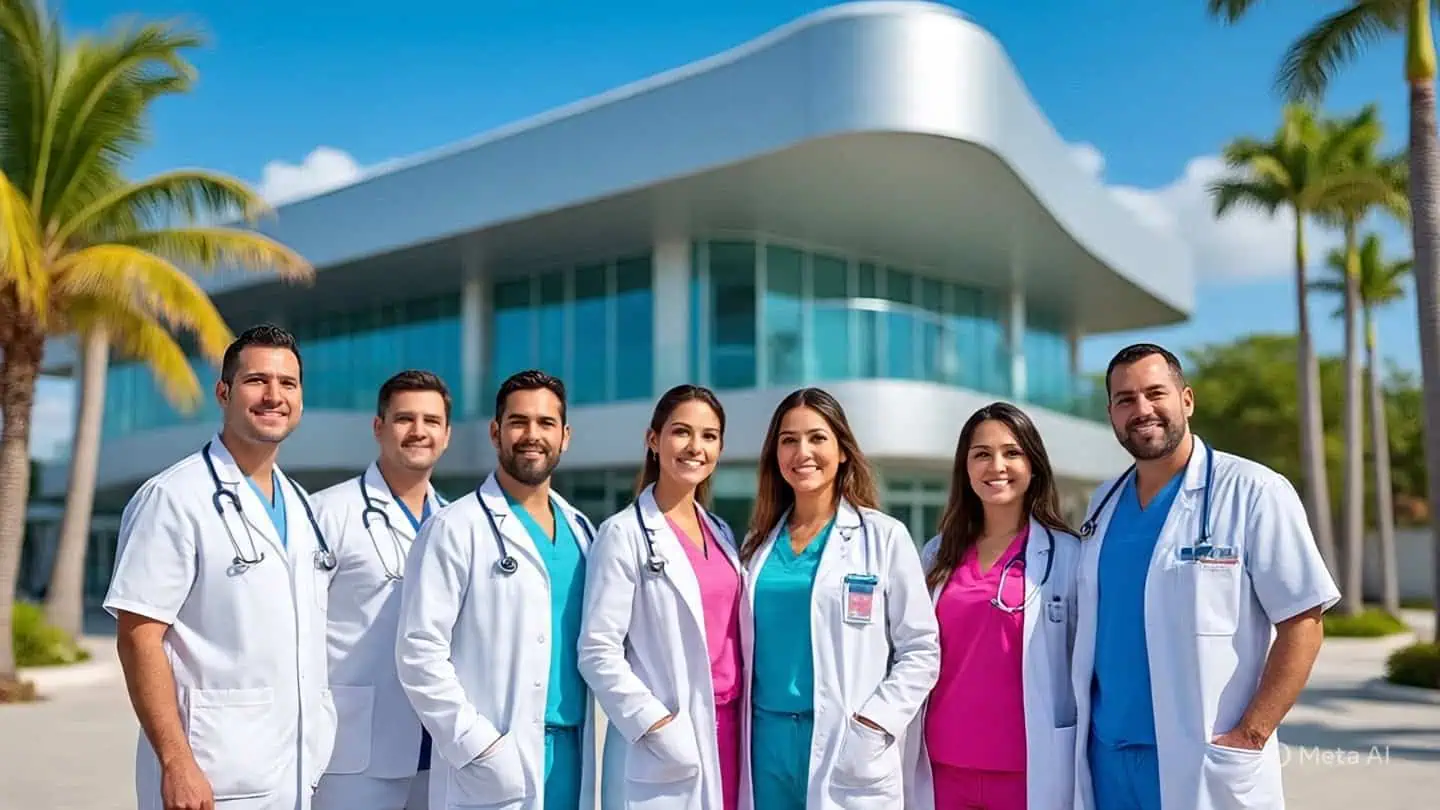 Un equipo médico en el exterior de una institución médica de alta tecnologia.