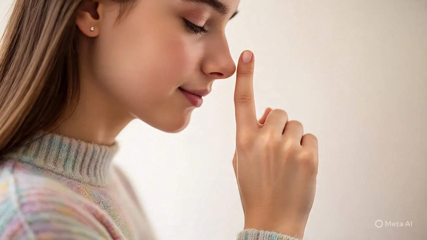 Mujer mide su nariz con un dedo.