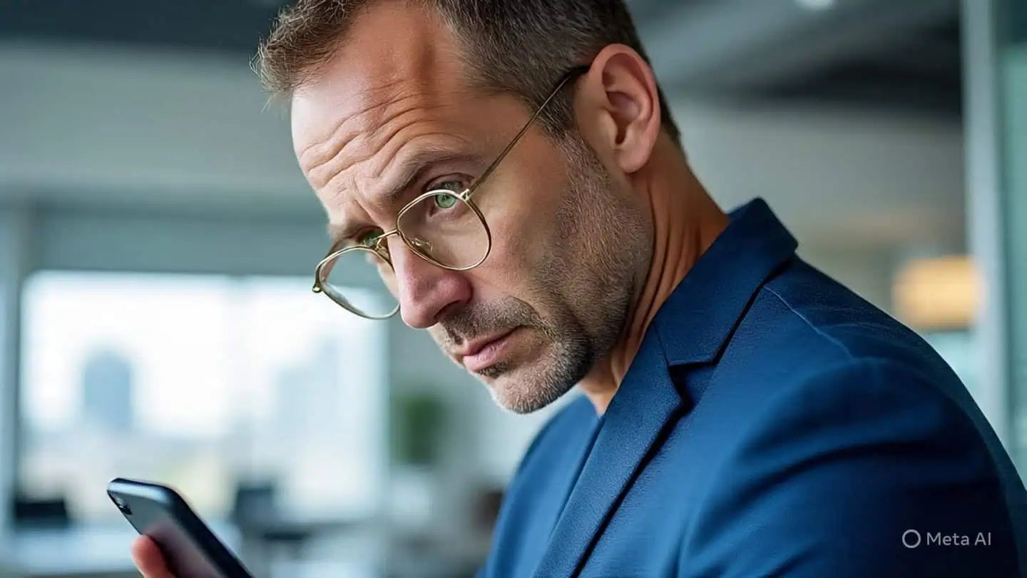 Hombre esfuerza la vista para leer en un teléfono móvil.