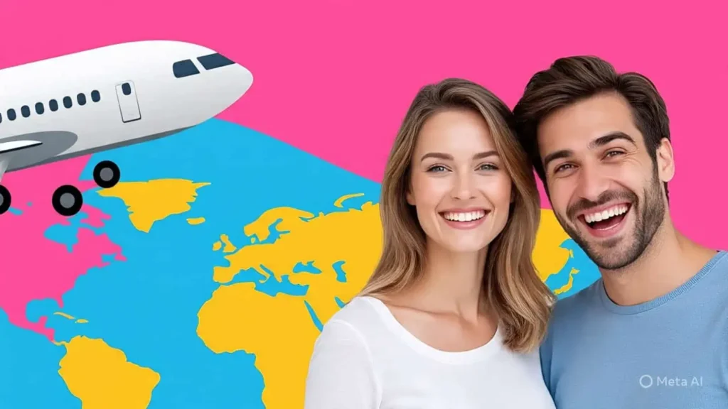 Pareja sonriente con imagen de avión detrás.
