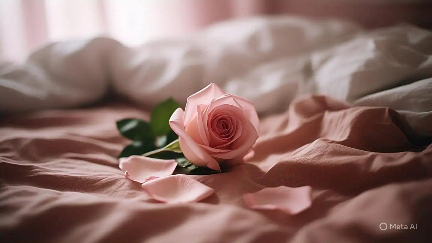 Sobre una sábana de color rosa viejo, descansa una flor con dos pétalos caídos.