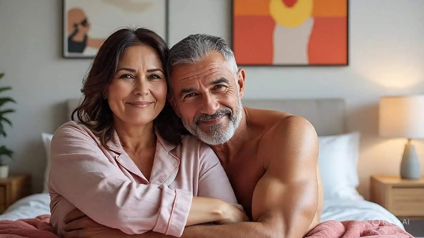Hombre adulto abraza con cariño y gratitud a una mujer.